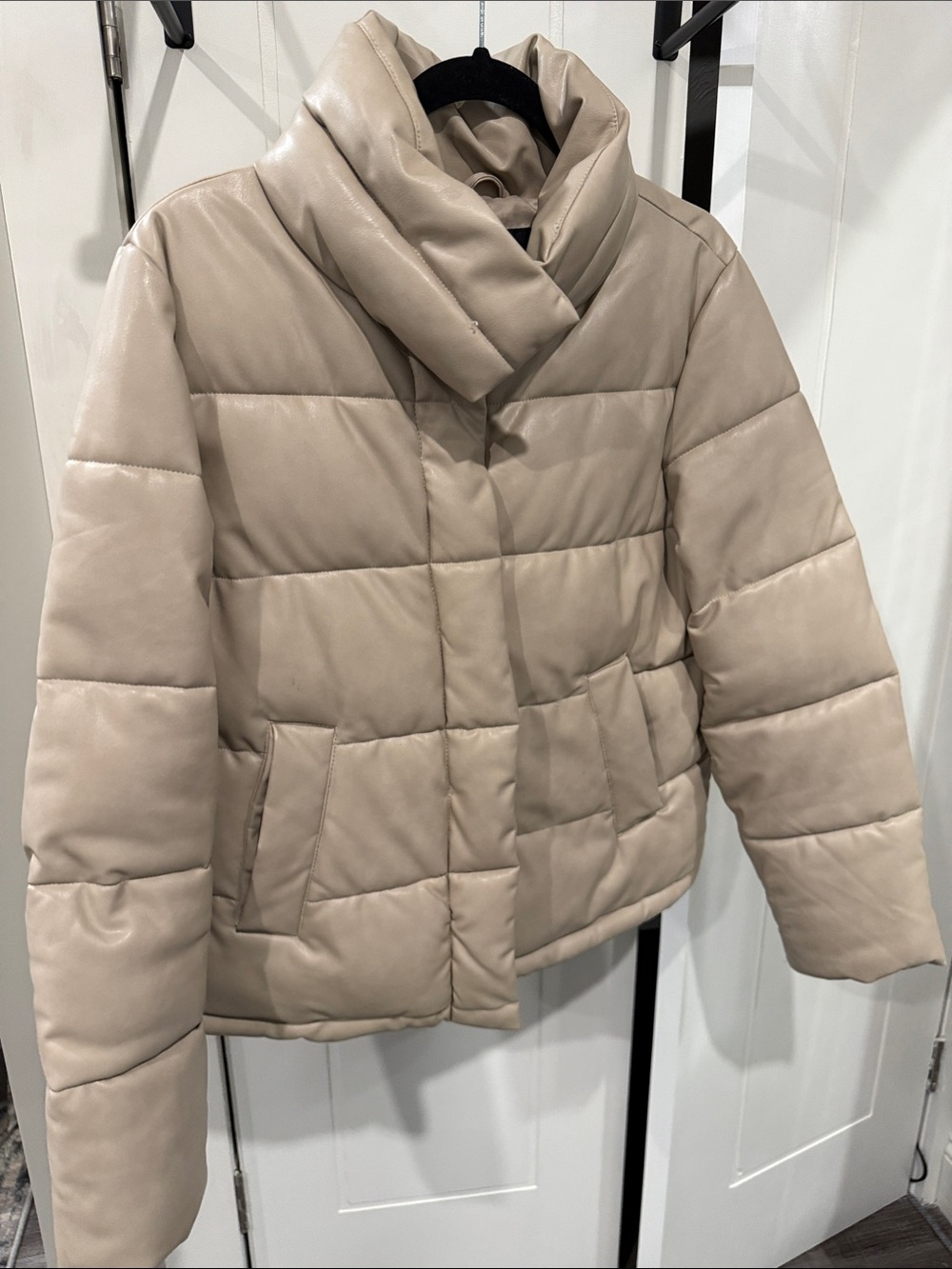 7 For All Mankind Taupe Quilted Faux-Leather Puffer Jacket